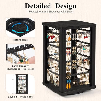 Emfogo 360 Earring Holder Organizer, Rustic Wood Earring Stand, Rotating Wooden Display, 4 Tiers Earring Organizer Stand for Stud Earrings, Hoop Earrings & Necklaces, Women Gifts - color: Black