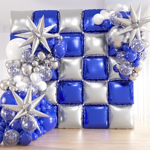 25pcs Blue and Silver Foil Square Balloon Backdrop Wall with 149pcs Royal Blue White Silver Balloons Arch, Double Sided Balloon Tunnel with Star Balloons for Graduation,New Year Party Decor - color: Royal Blue & Silver