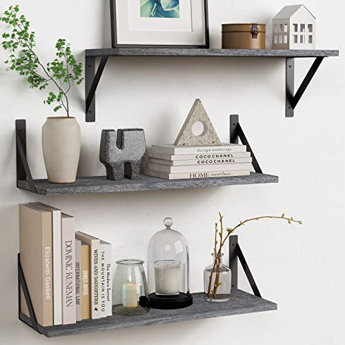 Forbena Gray Floating Shelves Wall Mounted Bookshelf Set of 3, 24 Inches Long 8 Inch Deep Wall Shelves for Bedroom, Bathroom, Living Room, Laundry Room, Kitchen, Office, Closet (Rustic Grey) - color: Grey, size: 24 Inches