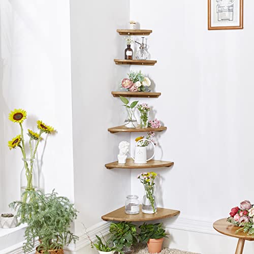 Corner Shelf, 7inch Solid Oak Wood Floating Corner Shelf Wall Mount Round End Floating Speaker Shelves with Wire Hole for Small Plant Photo Frame for Bedroom Kitchen, Living Room | Wire Hole, Small Plant, Photo Frame, Bedroom, Kitchen, Living Room - color