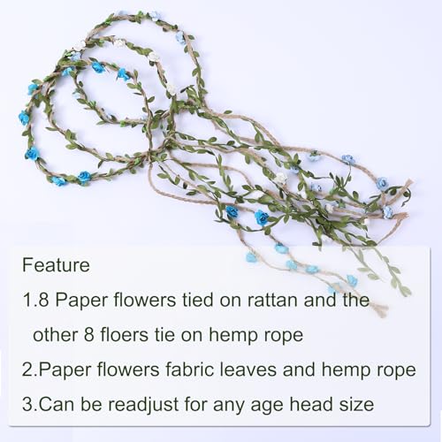 12PCS Multicolor Flower Crown Floral Headband Wreath Garland Headbands, 16 Pieces Flowers Tie on Ratton and Hemp Rope,Unique Design for Women Wedding Party Photo Props