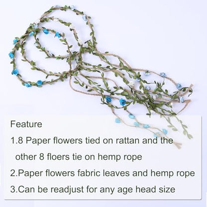 12PCS Multicolor Flower Crown Floral Headband Wreath Garland Headbands, 16 Pieces Flowers Tie on Ratton and Hemp Rope,Unique Design for Women Wedding Party Photo Props