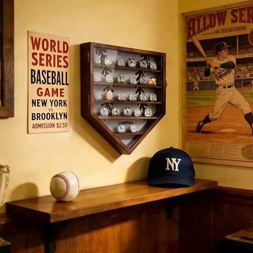 Multi-Tiered Wall Mount Ring Display Case – 25-Slot Baseball Ring Holder with LED Light, Moisture-Proof Wooden Ring Case, Multi-Functional Jewelry Rack for Championship Rings & Watches