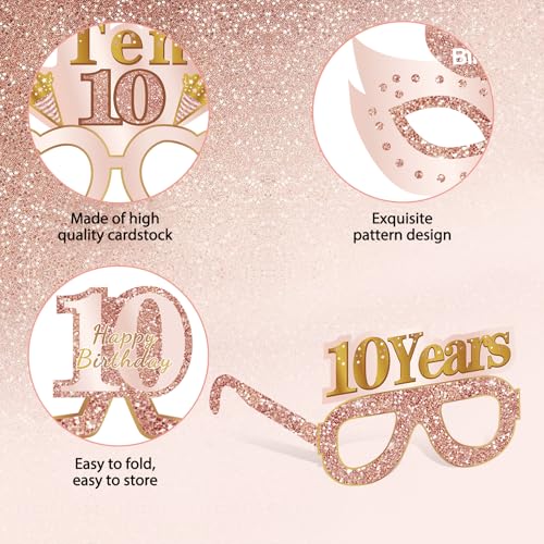 Guiruiy 24PCS 10th Birthday Paper Eyeglasses Decorations for Girls, Pink Rose Gold Happy 10th Birthday Eyeglasses Party Supplies, Funny Ten Year Old Birthday Glasses Photo Props Decor - style: Rose Gold 10th