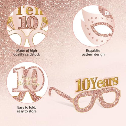 Guiruiy 24PCS 10th Birthday Paper Eyeglasses Decorations for Girls, Pink Rose Gold Happy 10th Birthday Eyeglasses Party Supplies, Funny Ten Year Old Birthday Glasses Photo Props Decor - style: Rose Gold 10th