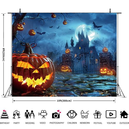 Halloween Backdrop 10x8ft Blue Horror Full Moon Night Pumpkin Lantern Bats Scary Castle Photography Background for Spooky Party Decorations Banner Photo Booth Props