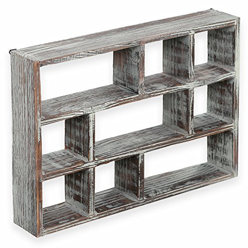 MyGift 9 Compartment Rustic Torched Solid Wood Shadow Box, Wall Mountable Curio Display Case, Freestanding or Floating Shelf for Collectible Figurines, Succulents - color: Torched Wood