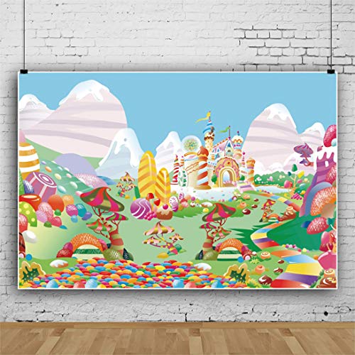 Leyiyi 7x5ft Sweet Cartoon Candyland Backdrop Candy House Fairy Tale Castle Photography Background Banner Cake Table Decor Birthday Party Decorations Newborn Baby Shower Photo Booth Props - size: 7x5ft