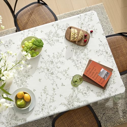 Farmhouse Green Floral Tablecloth Vintage French Rustic Linen Tablecloths Rectangular with Flowers Pattern Burlap Textured Outdoor Table Cover for Picnic,Dining,Party,Home Decor 55x84 Inch - color: Green on Cream, size: 84" x 55" (Rectangular)