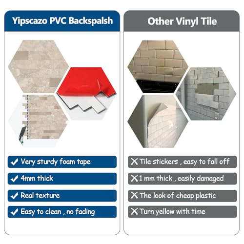 Yipscazo 10 Sheets Peel and Stick Stone Metal Tile Backsplash, Stick on Tiles for Backsplash Kitchen, Bathroom, Laundry Room, Camper, Fireplace (12'' X 12'', Beige Stone with Gold Metal) - color: Beige Stone with Gold Metal