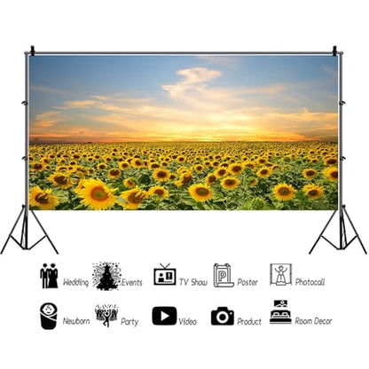 15x10ft Vinyl Sunflowers Field Backdrops for Photography Background Summer Landscape Sunset Blue Sky Outdoor Holiday Party Backdrop Children Adults Portraits Photo Studio - size: 15x10ft