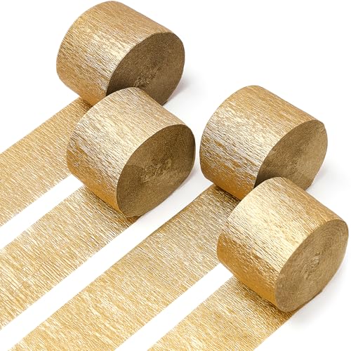 PartyWoo Gold Crepe Paper Streamers 4pcs 328ft Pack of Gold Crepe Paper for Wedding Birthday Baby Shower Engagement Anniversary New Year Eve Graduation Party Decorations(1.8 Inchx82 Ft/Roll) - color: Gold-9573