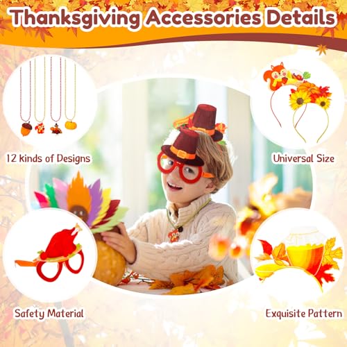 36 Pcs Thanksgiving Party Favors Set Thanksgiving Fall Headband Eyeglasses Beaded Necklaces Felt Pumpkin Turkey Costume Accessories for Party Photo Props Decoration - style: Thanksgiving