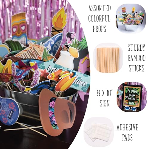 Hawaiian Photo Booth Props - 41-pc Luau Photo Props Kit with 8 x 10-Inch Sign, 60 Glue Dots, 45 Sticks - Vacation Props - Photo Booth Props Summer