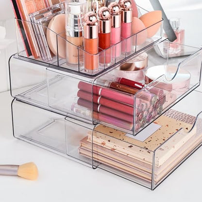 Vtopmart 3 Tier Clear Makeup Organizer with Drawer, Cosmetic Storage for Dresser Countertop and Bathroom Vanity, Beauty Holder for Lipstick Brush Skincare - style: 3 Tier