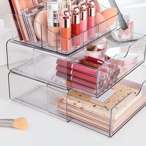 Vtopmart 3 Tier Clear Makeup Organizer with Drawer, Cosmetic Storage for Dresser Countertop and Bathroom Vanity, Beauty Holder for Lipstick Brush Skincare - style: 3 Tier