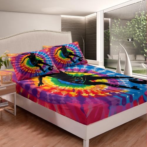 Manfei Soccer Fitted Sheet Twin Size, American Football Bedding Set, Watercolor Tie Dye Bed Cover with 1 Pillowcase, Kids Boys Girls Room Decor, Soft Polyester Bedding(No Top Sheet) - color: Black Blue Yellow, size: TWIN (W39*L75*H16")
