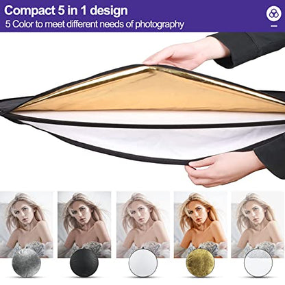 EMART Photography Reflector Holder with 24’’ Small Collapsible 5 in 1 Photo Reflector Photography Kit - Bounce Board Translucent, White, Silver, Gold, Black