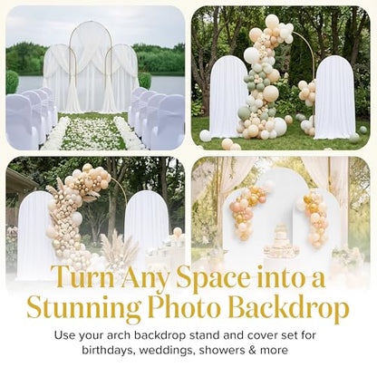 Metal Arch Backdrop Stand and Cover Set – 3 Gold Frames (7.2ft, 6ft x2) with White Wrinkle-Free Spandex Covers, Water Weights, Bags & Case – Wedding, Birthday, Baby Shower, Party Decor