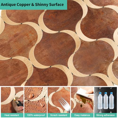 10 Sheet Arabesque Peel and Stick Backsplash Tile, Stick on Backsplash for Kitchen and Bathroom Wall, Retro Brown Look PVC Mixed Metal Aluminum - color: Retro Brown Mixed Metal Rose Gold