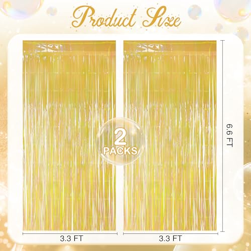 2 Pack Yellow Iridescent Streamers Backdrop, 3.3x6.6ft Foil Fringe Curtains Gold Holographic Door Tinsel Streamers for Birthday, Wedding, Holiday, Bachelorette, Theme Party Decorations - color: Yellow, size: 2 Pack
