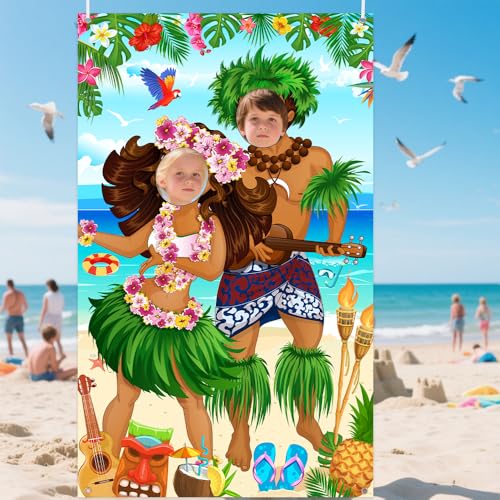 AIBIIN Hawaiian Photo Props Banner Tiki Luau Couple Door Banner Aloha Party Decorations Tropical Beach Photo Booth Background Tiki Luau Aloha Beach Party Decorations 43.3x70.8inch