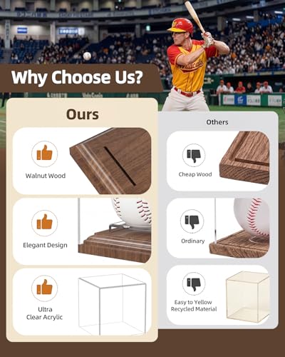 Baseball Display Case for Balls Walnut Wood Base Acrylic Baseball Holder Display Case Uv Protection Baseball Cube Box Stand Memorabilia Autograph Ball, Ideal Gift for Official Size Ball Display