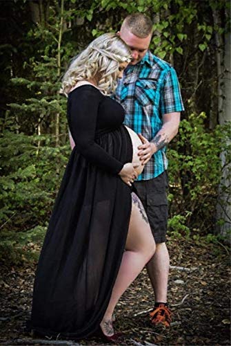 ZIUMUDY Maternity Maxi Chiffon Photography Dress Split Front Gown for Photoshoot - color: Black