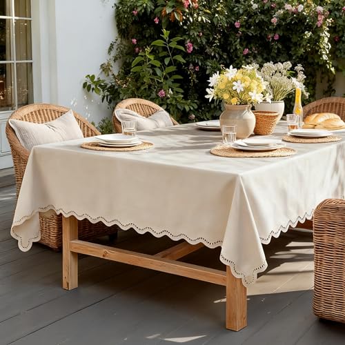 Beige Rectangle Tablecloth Linen Textured Waterproof & Stain Resistant Table Cloth Decorative Scalloped Cutouts Spring Farmhouse Boho Table Cover for Dining, Outdoor, Parties and Camping, 52 x 70 Inch - color: Beige, size: 70" x 52" (Rectangular)