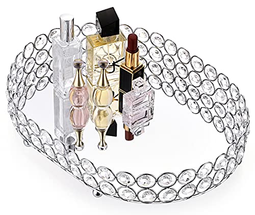 Hipiwe Crystal Vanity Tray Mirrored Dresser Perfume Trays for Makeup Tray Cosmetic Skin Care Storage, Jewelry Trinket Organizer Tray for Bathroom Countertop Home Decor (Medium, Silver) - size: 11.8" x 8.7" x 2.3"
