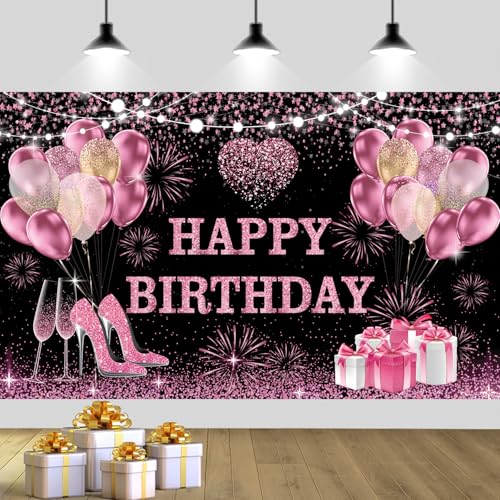 180x120 cm Pink Golden Happy Birthday Backdrops Cloth 71x47 inch Bday Party Photography Backgrounds Glitter Black Rose Golden Happy Birthday Sign Banner Decoration for Women Girl - color: Pink Gold