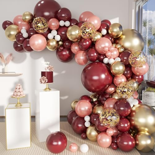 MEBAY Burgundy Balloon Arch Kit, 141 Pcs Maroon Metallic Chrome Gold Rose Gold and White Latex Balloons Different Sizes 18 12 10 5 Inch for Birthday Wedding Anniversary Bridal Bachelorette Wine Party - color: 141-burgundy