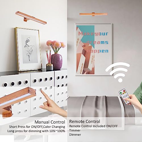 MIOBLUE LED Picture Light Battery Operated with Remote, 16in Rechargeable Picture Light for Paintings,Metal Display Art Light with Timer and Dimmable for Frame,Wal,Artwork,Portrait,Gallery,Dartboard - color: Wood color, size: 16inch