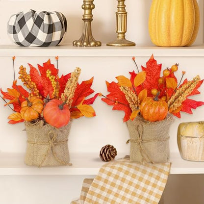 2 Styles Thanksgiving Decorations - 2 Pack 10 Inch Fall Decorations Tabletop Fall Tree Thanksgiving Table Centerpieces Maple Tree with Pumpkin Leafed Berry Wheat Thanksgivings Centerpieces for Tables