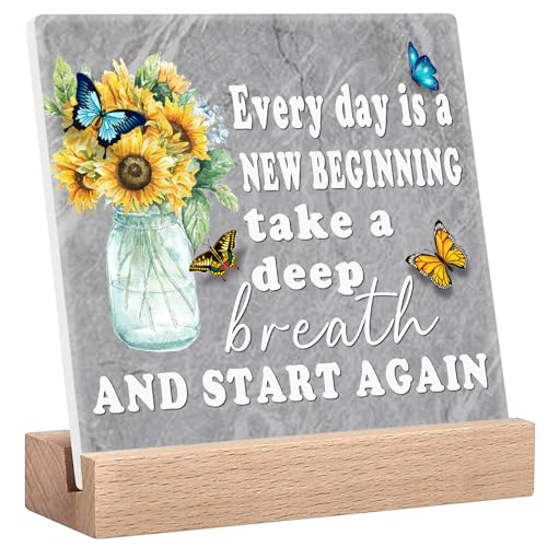 Inspirational Home Office Desk Decor - Every Day is a New Beginning Sign - Butterfly & Sunflower Kitchen Workplace Decorations, Motivational Quotes Signs with Positive Sayings Plaques - color: Flower04
