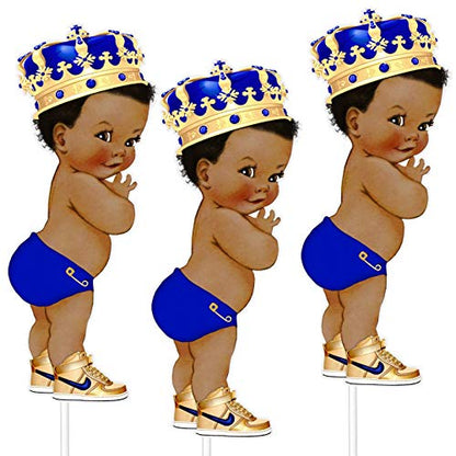 African American Prince Baby Shower Centerpieces - Royal Blue Birthday Party Decorations, Set of 3 Table Decorations, 10 inch Party Supplies