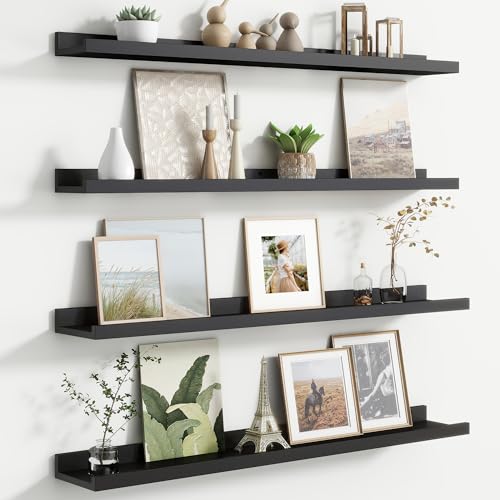 FLYJOE Floating Picture Ledge Shelves for Wall Set of 4, 36 Inch Wall Shelves with Lip Long Large Nursery Book Shelf for Toys Storage Kids Bookshelf Wall Mounted Living Room Bedroom Decor Frames - color: Black, size: 36'', Set of 4