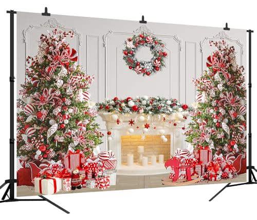 7x5 FT Christmas Fireplace Backdrop White Fireplace Red Xmas Tree Photography Background Winter Christmas Family Kids Holiday Party Theme Decorations Banner Photo Booth Props - size: 7x5 FT