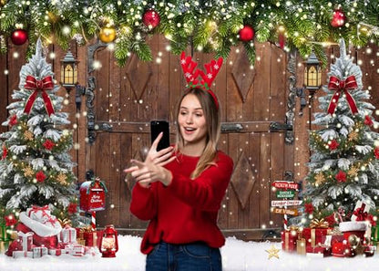 7X5FT Winter Christmas Rustic Barn Wood Door Photography Backdrop Xmas Tree Snow Background Banner for Family Holiday Party Decoration Supplies New Yeary Family Gathering Banner - size: 7x5ft