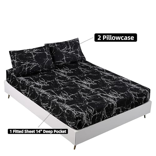 MAG 3pcs Black Marble Twin Bed Sheet, Super Soft Microfiber Marble Bedding Included 1 Fitted Sheet with 2 Pillowcases, 14 Inches Deep (Twin, Black) - color: Black-marble, size: Twin