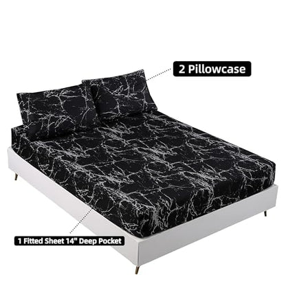 MAG 3pcs Black Marble Twin Bed Sheet, Super Soft Microfiber Marble Bedding Included 1 Fitted Sheet with 2 Pillowcases, 14 Inches Deep (Twin, Black) - color: Black-marble, size: Twin