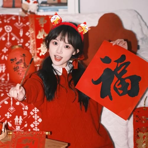Ecuupas The Spring Festival Headband Cute Cat Hairband Fortune Cat Hair Hoop New Year Headband Women Girls Hair Accessories for Lunar New Year Party Festival Supplies