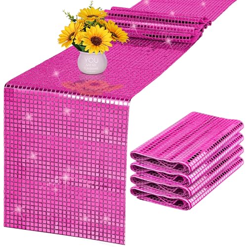 Aneco 2 Pack Disco Party Table Runner 11 x 108 Inch Mirror Hot Pink Glitter Foil with Sparkle Sequin Table Runner for Bachelorette 70s 80s Party Home Table Decorations - color: Hot Pink