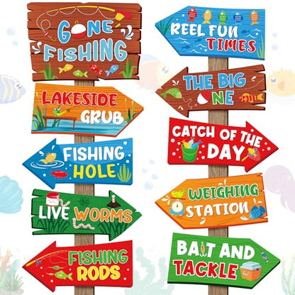 Hooqict 20 Pieces Gone Fishing Sign Fishing Birthday Party Decorations Welcome Direction Signs for Kids Summer Birthday Party Supplies Retirement Decorations Baby Shower Fish Cutouts - style: Gone Fishing