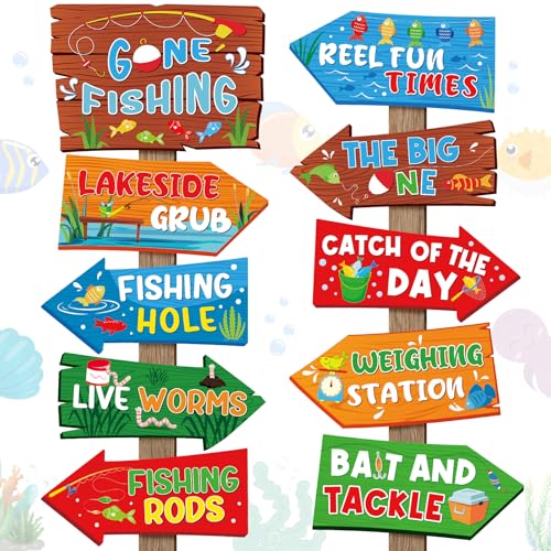 Hooqict 20 Pieces Gone Fishing Sign Fishing Birthday Party Decorations Welcome Direction Signs for Kids Summer Birthday Party Supplies Retirement Decorations Baby Shower Fish Cutouts - style: Gone Fishing
