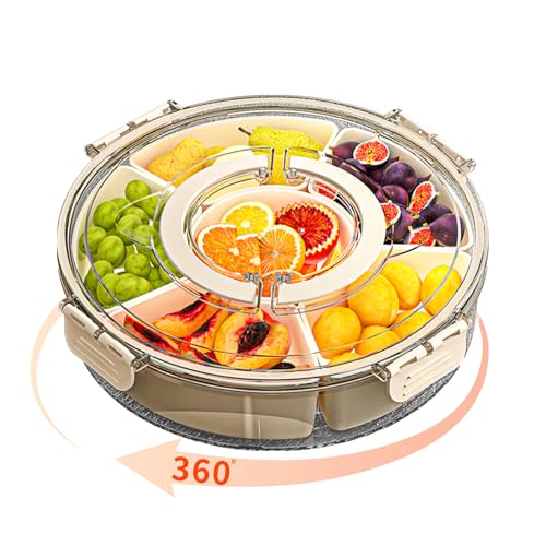 Small Divided Serving Tray with Lid and Handle, Stackable Snackle Box Container for Fruits Candy Organizer, Portable Spinning Rounded Veggie Tray for Kitchen, Party, Trave and Picnic-1 Pack - color: 10.5" L-1pcs (White)