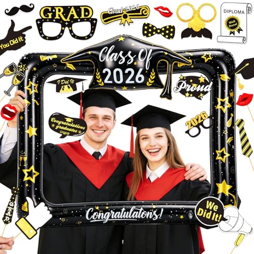 2026 Graduation Photo Booth Props Set Including Inflatable Photo Booth Frame and 20 Pcs Graduation Photo Props for Graduation Decorations Graduation Party Favors Supplies
