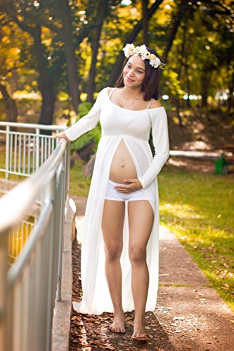 ZIUMUDY Maternity Maxi Chiffon Photography Dress Split Front Gown for Photoshoot - color: White