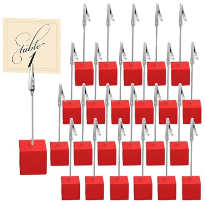 24PCS Wooden Cube Memo Holders with Alligator Clips Table Number Stands, Base Memo Clip Holder Photo and Card Display Clips for Wedding, Event, Office Desk Use (Red) - color: Red