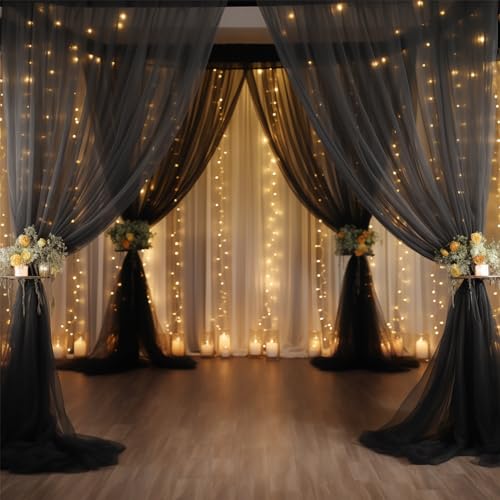 10x10ft Sheer Black Backdrop Curtains for Parties, Tulle Wedding Arch Draping Fabric Photo Background for Birthday Party Halloween Decorations - color: Black, size: 10x10ft